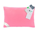 poduszka półpuch w kolorze różowym widoczne etykiety produktu