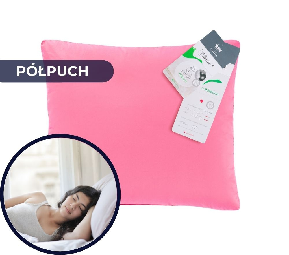 poduszka półpuch w rozmiarze 70x80 cm kolor różowy zbliżenie na śpiacą kobietę